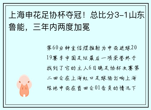 上海申花足协杯夺冠！总比分3-1山东鲁能，三年内两度加冕
