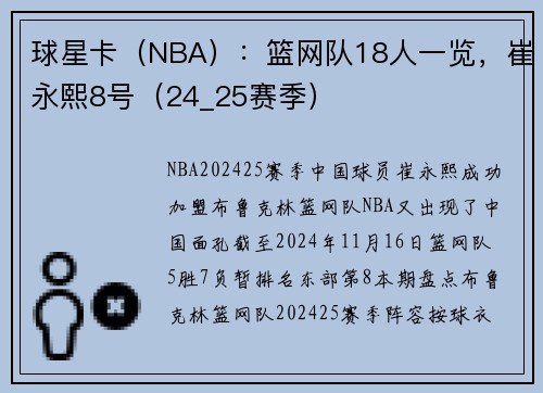 球星卡（NBA）：篮网队18人一览，崔永熙8号（24_25赛季）